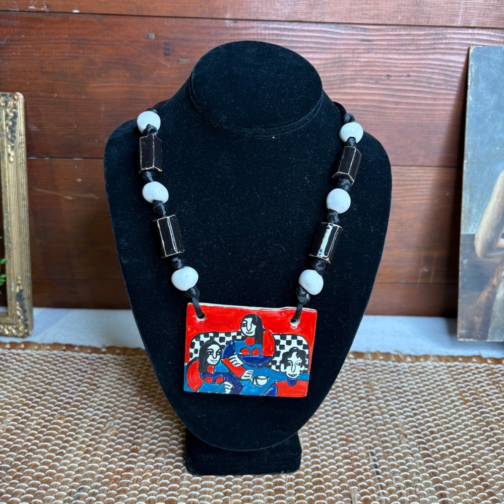 Eclectic Artist Signed Large Rectangular Ceramic Beaded Necklace